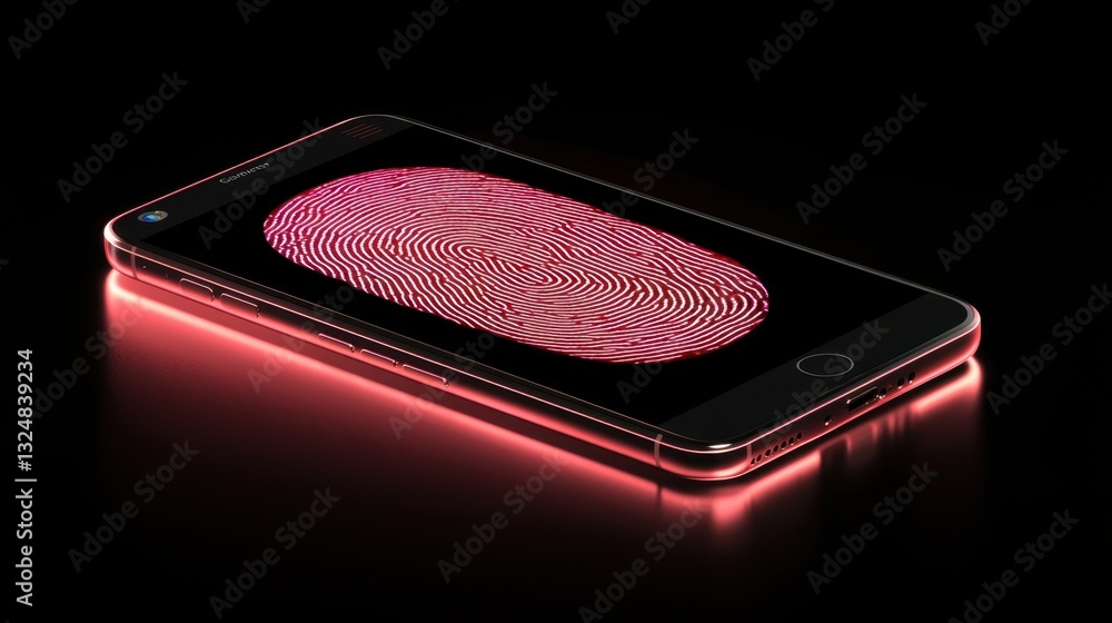Poster a smartphone is placed on a sleek surface, showcasing a bright fingerprint scan on its screen, illum