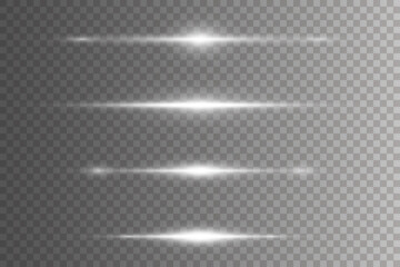 Set of white horizontal glare. Laser beams of light. On a transparent background. EPS 10.