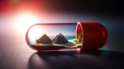 Selbstklebende Fototapeten Capsule containing tropical island with mountains, beach and palm trees suggesting escape and relaxation. © Rafal Rutkowski