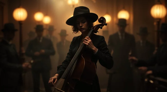 Vintage jazz club interior with young woman playing cello, dark mysterious 1920s outfit, smoky shadows, warm dim light, hidden face under hat, expressive melancholic noir scene, mystical atmosphere