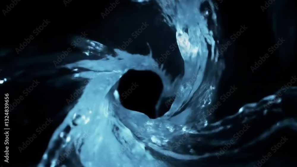 Poster water vortex swirling in dark background creating blue whirlpool effect. fluid dynamics visualizatio
