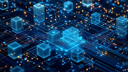 Futuristic Digital Circuitry With Glowing Blue Cubes Data Flow and Interconnected Network in Complex Technological Landscape