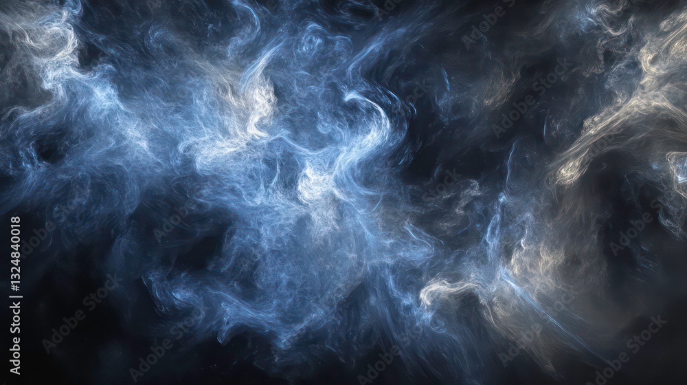 Poster abstract swirls of blue and white smoke against a black background, creating a dynamic and ethereal 