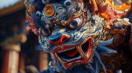 Intricate, colorful mythical creature mask, detailed craftsmanship, vibrant hues