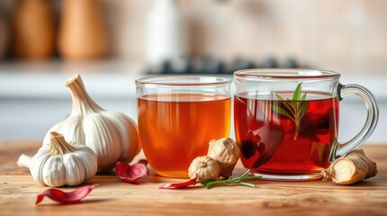 Wellness brew with garlic, ginger, and herbs in clear glass mugs on a wooden board.