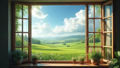 Open window view of green field and cloudy sky. Rural summer landscape with hills, grass, trees. Sunny scenic nature panorama from house. Travel vacation destination.
