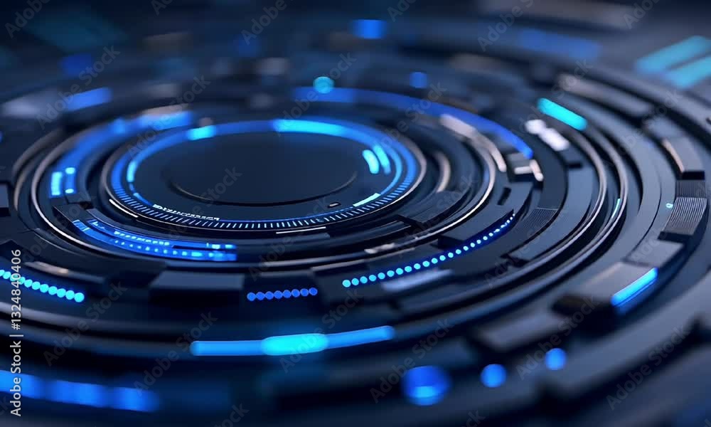 Poster futuristic digital interface with intricate circular patterns and glowing blue lights, representing 