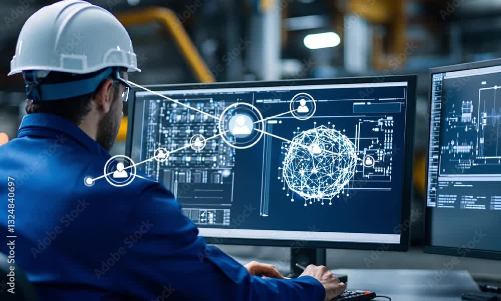 Poster a focused engineer wearing a safety helmet analyzes complex graphical data on a dual monitor setup, 