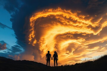 Fototapeta premium Silhouetted couple holding hands against a breathtaking sunset with dramatic, fiery clouds.