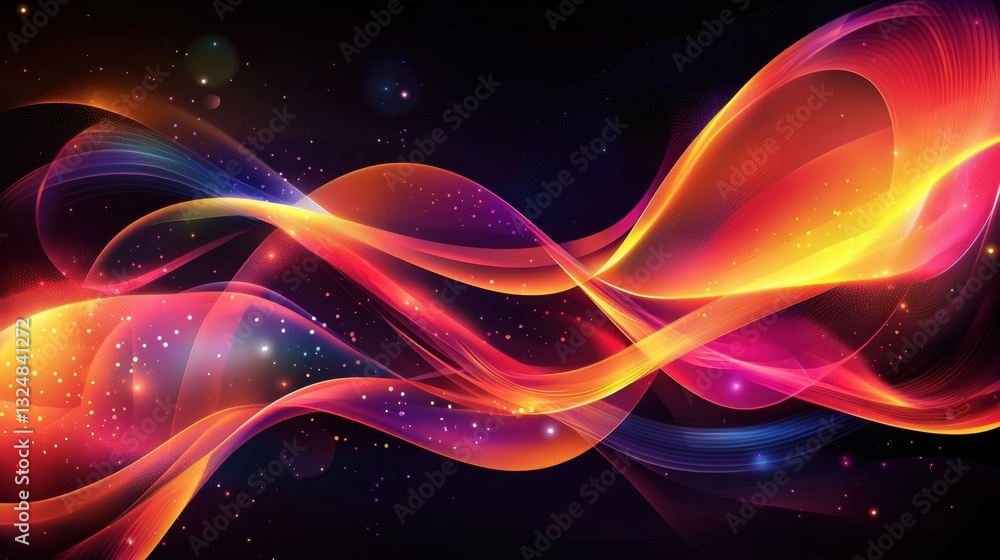 Poster vibrant waves of color flow and intertwine against a dark background, creating a sense of motion and