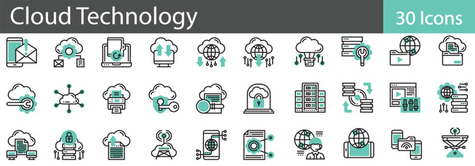 Cloud Technology Line Icons Set. Collection of 30 outline icons representing cloud computing, data storage, and online services. vector illustration.
