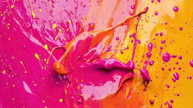 Bright shades of pink and yellow paint collide on a canvas, forming an energetic abstract art piece. The splatters and drips reveal a dynamic and playful artistic expression