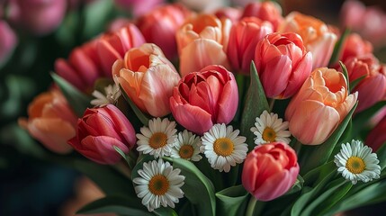 A close-up of a vibrant bouquet of tulips, roses, and daisies with a ribbon, perfect for Women's Day
