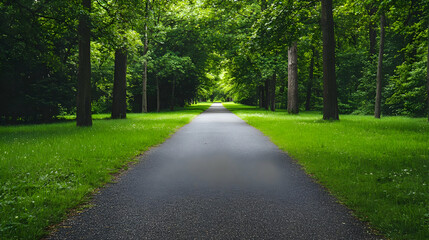 Obraz premium Stone Pathway Through Lush Green Trees And Grasses Under Sunlight In A Park
