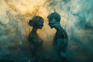 Silhouetted couple embraced by swirling teal and gold smoke, a surreal depiction of love and unity.