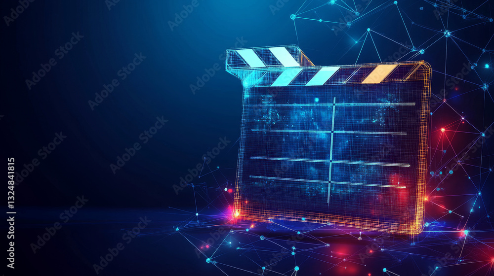 Poster clapperboard and computer low poly art illustration. 3d polygonal monitor. cinematography equipment 