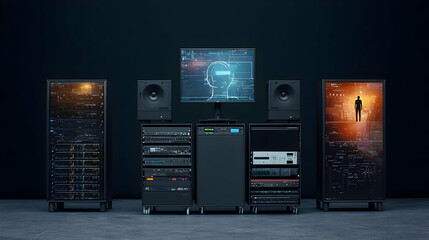 Naklejka premium Technological Equipment Setup Dark Room With Monitors Servers and Speakers Displaying Cityscape Views