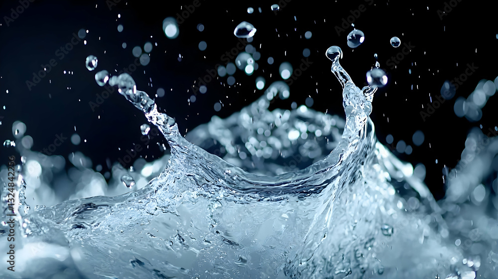 Poster dynamic water splash with droplets and ripple on dark background capturing high speed motion