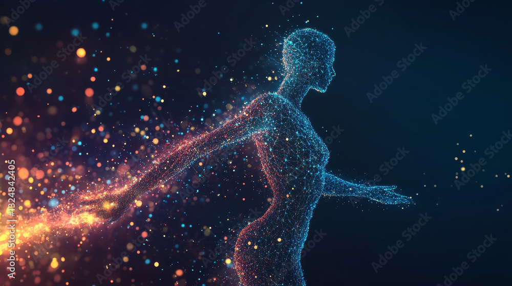 Poster abstract vector image of a human brine . low poly wireframe illustration with color accent on dark b