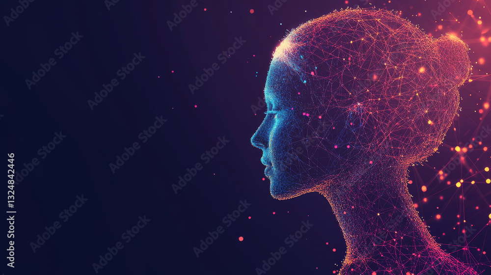 Aufkleber abstract vector image of a human brine . low poly wireframe illustration with color accent on dark b