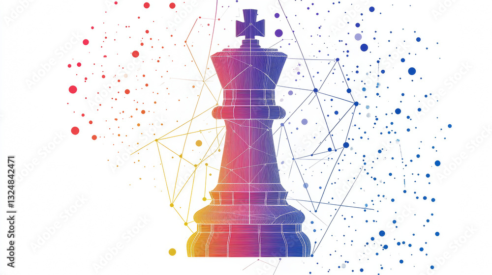 Poster abstract vector image of chess rook. low poly wire frame illustration. lines and dots. rgb color mod