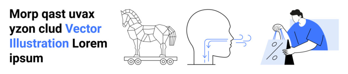 Trojan horse wooden structure on wheels, human head with respiratory system diagram, and a man reviewing online purchase on device. Ideal for cybersecurity, health, e-commerce, education, technology