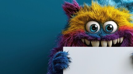 Fototapeta premium A fluffy, multicolored monster with large eyes and a wide grin is holding a blank sign. Its vibrant fur features blue, purple, and yellow tones, creating a whimsical presence