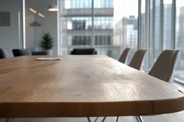 Fototapeta premium Conference room with a wooden table and modern chairs in a high-rise office building on a sunny day
