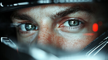 Closeup portrait of a person with a futuristic helmet.