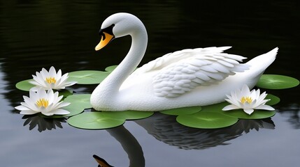 Obraz premium Elegant swan floats on calm pond, lilies, dark background, serene nature scene