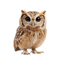 Fototapeta premium Adorable owl with big eyes looks directly at the viewer, displaying its light brown feathers and small, pointed ears against a stark black background.