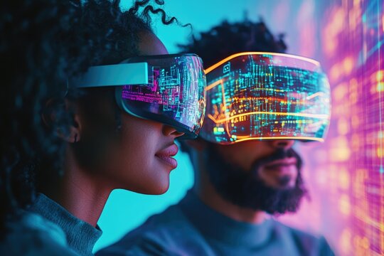 Two individuals wearing futuristic VR headsets, immersed in a vibrant digital world.