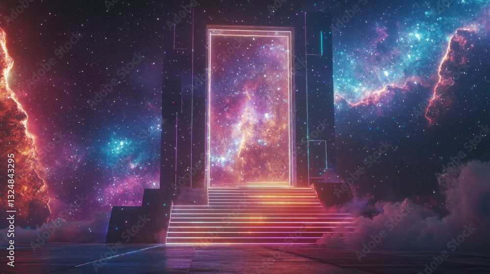 Poster a magnificent portal stands illuminated with neon colors against a backdrop of swirling galaxies and