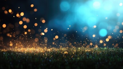 Enchanted Glowing Field with Magical Bokeh Lights Against a Mystical Night Sky