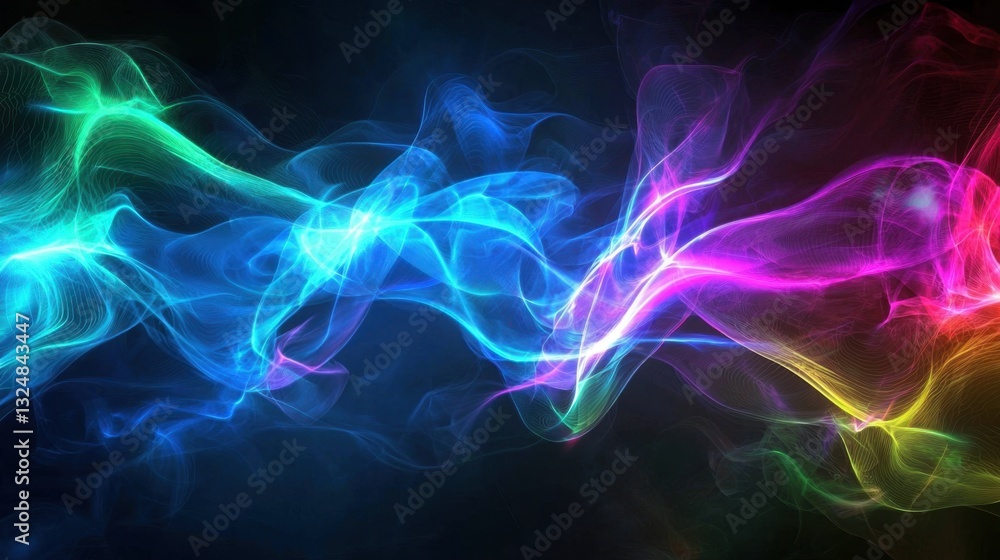 Poster vibrant light waves in various colors intertwine and flow against a dark background, creating an abs