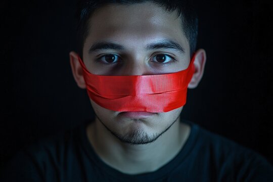 A young man with his mouth covered by red tape, a powerful image representing silenced voices.
