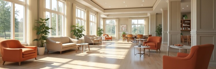Bright spacious interior view of assisted living residence. Orange chairs, beige sofas provide comfortable seating near large windows. Dining tables, bookshelves add touch of home, quarter for