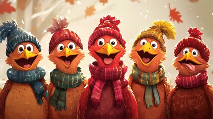 Five cheerful birds wearing hats and scarves are smiling together happily