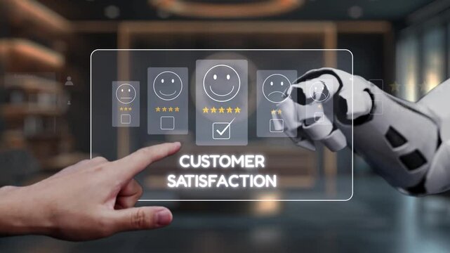 A modern office scene highlighting a futuristic digital interface for gathering customer satisfaction feedback, featuring a robot arm and a human hand interacting with smiley ratings. Auvana