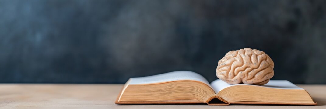 An open book with a brain sculpture on its pages symbolizes the pursuit of knowledge, wisdom, and personal growth through lifelong learning and intellectual exploration.