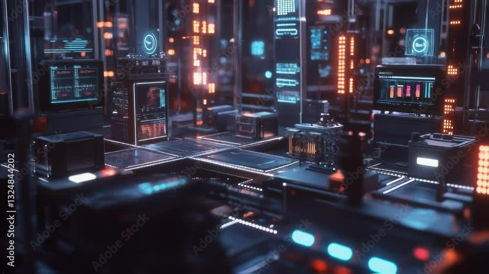 Poster futuristic server room with glowing neon lights and digital displays showing complex data analysis a