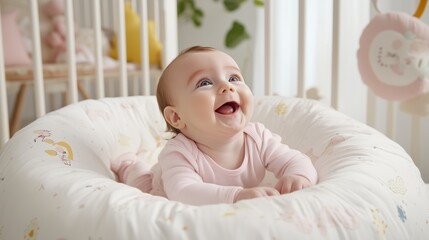 Joyful baby on fluffy bed home photo
