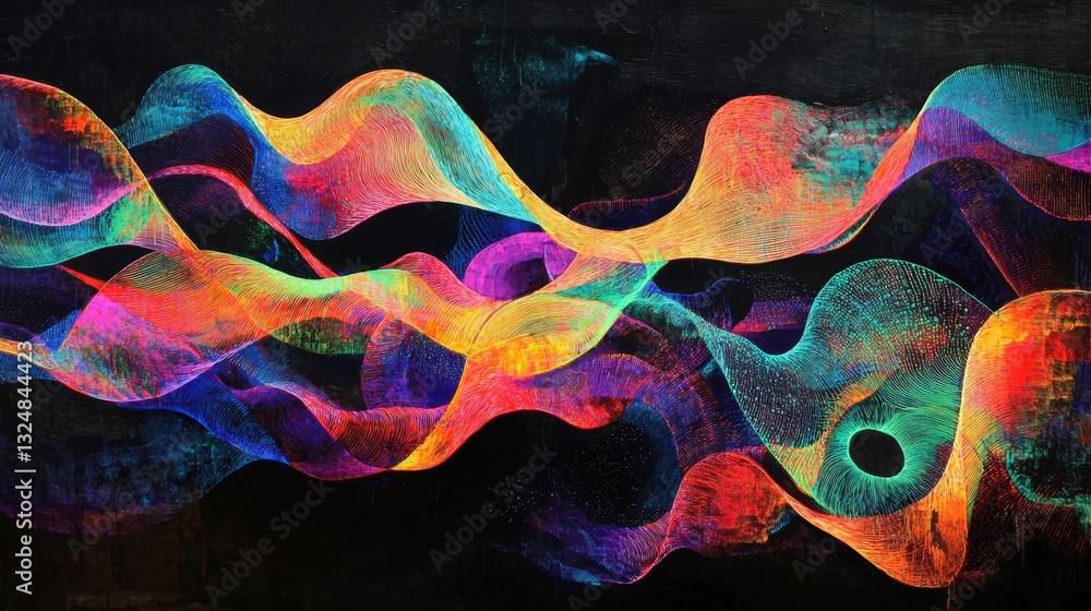 Poster swirling lines and curves in bright hues of blue, pink, and orange create a dynamic pattern against 