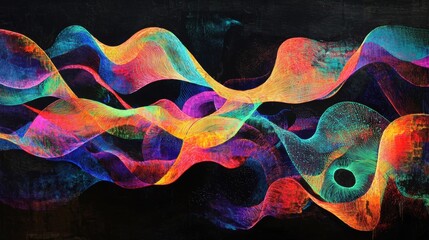 Naklejka premium Swirling lines and curves in bright hues of blue, pink, and orange create a dynamic pattern against a dark background, showcasing modern artistic expression in a gallery setting