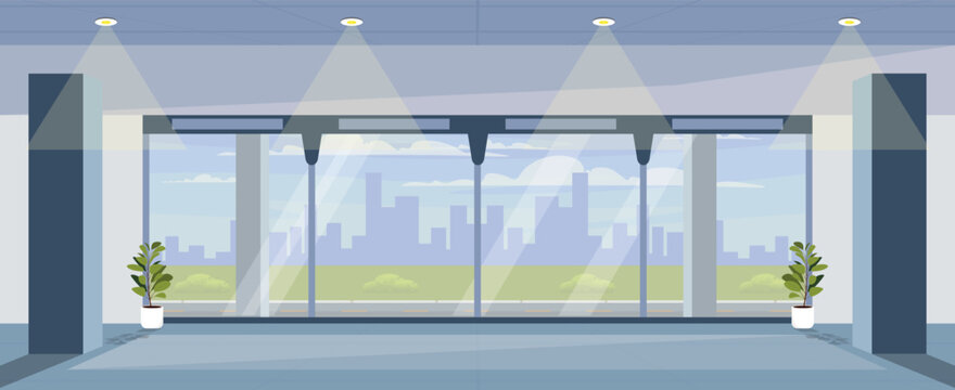 Vector illustration of a modern interior inside the office.Cartoon scene inside the office, large windows, flower pots, streams of light from the ceiling, view from the window of houses, bushes, sky.