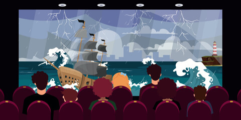 Vector illustration of a beautiful cinema hall.Cartoon scene of a cinema with an interesting movie, pirate ship with a storm, waves, lightning, at sea, lighthouse, city silhouettes, seats, spectators.