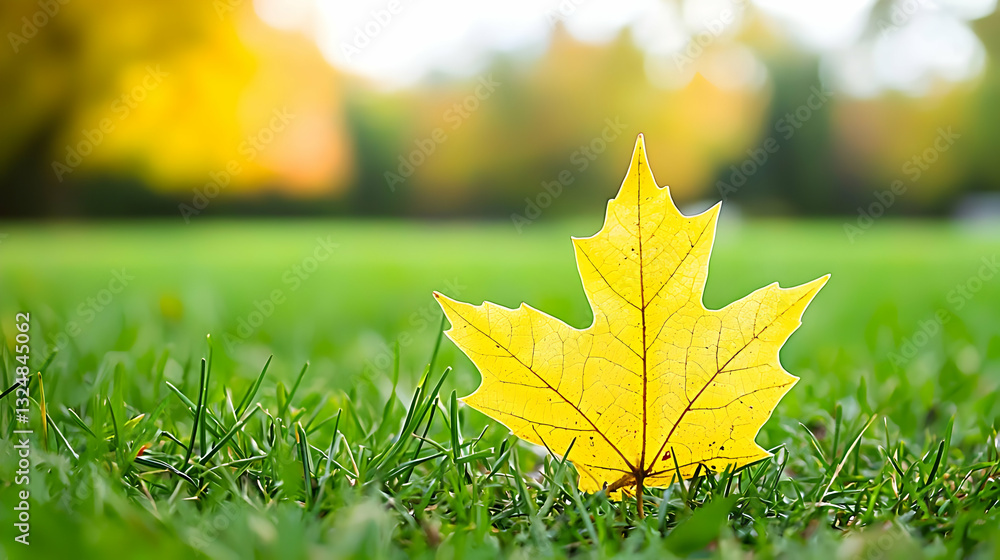 Poster close up view of single yellow maple leaf lying on green grass with bokeh background in daylight
