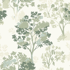 Vector seamless wallpaper of trees. Pastel green colors. Retro pattern.