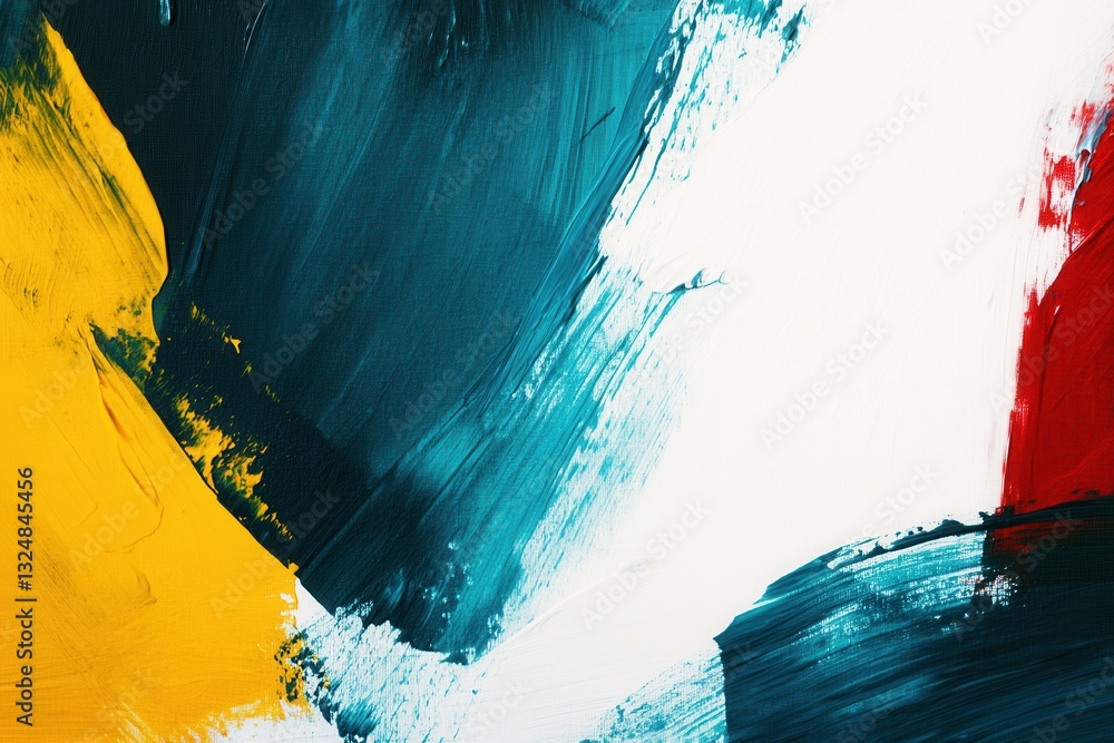Poster bold abstract paint strokes in teal, yellow, and red accompanied by a clean white space for inspirat