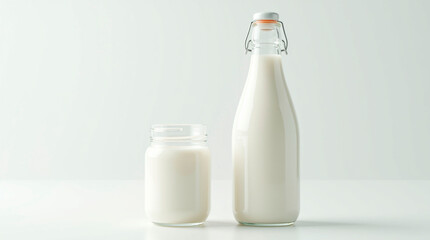 bottle and jar of milk on white background